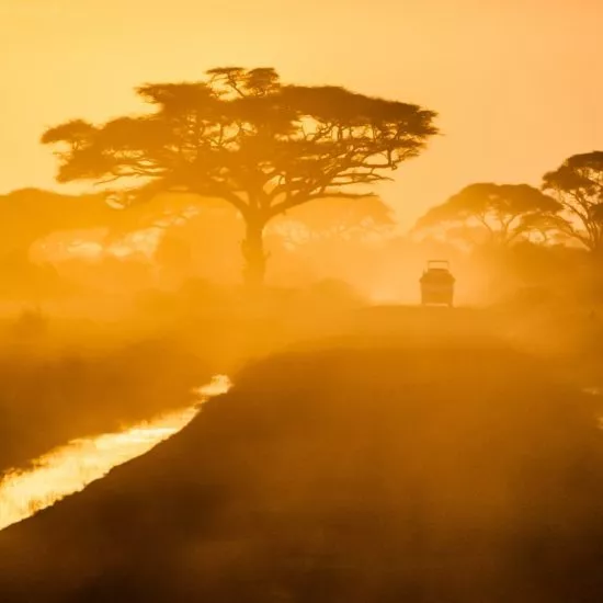 coucher de soleil en safari en Tanzanie